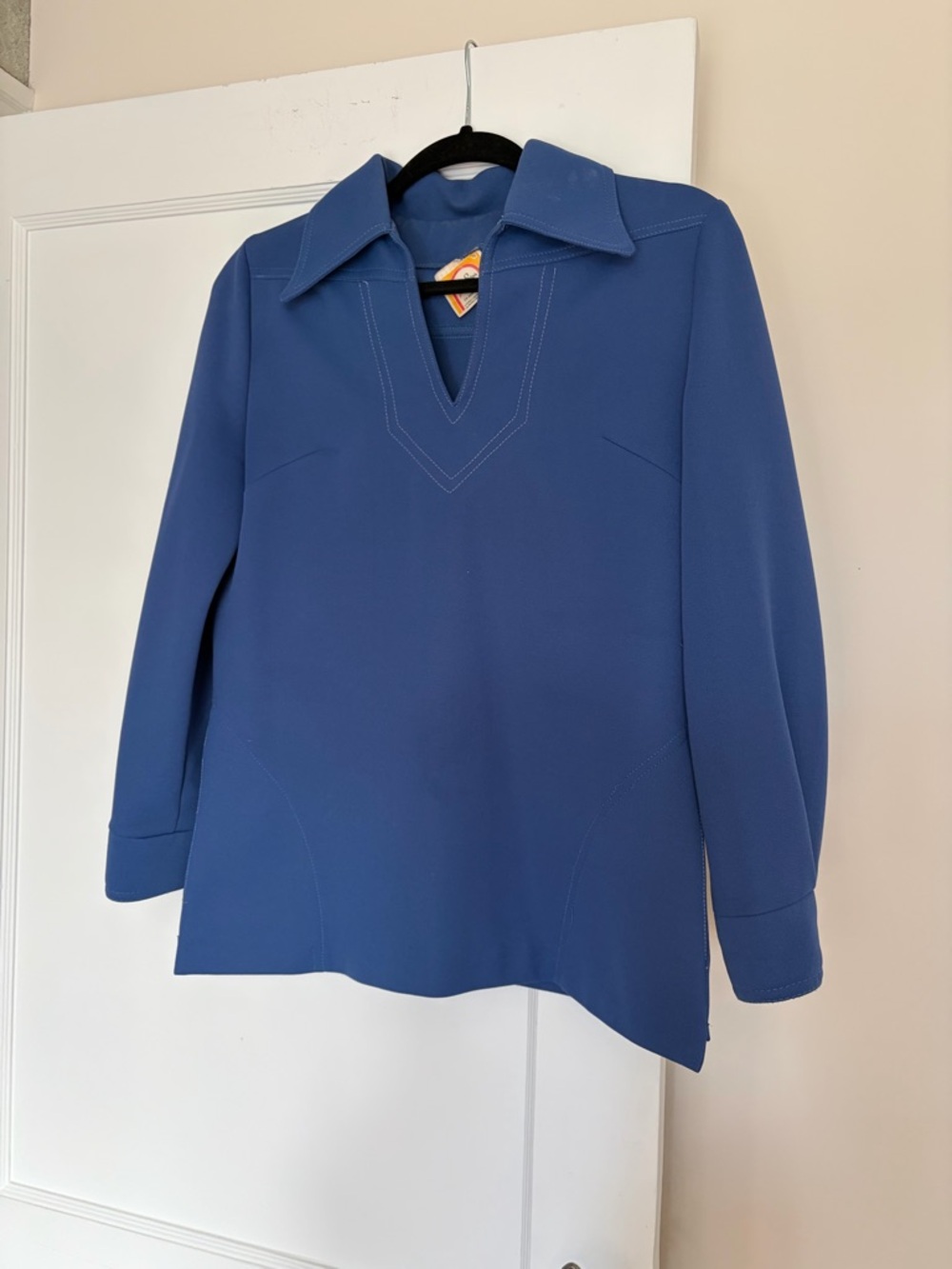 Vintage Blue Long Sleeve V-Neck Collared Women's Top